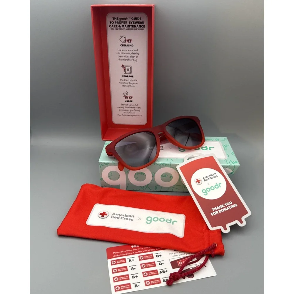 American Red Cross Red Goodr Sunglasses Donor Edition Just My Type Complete Set